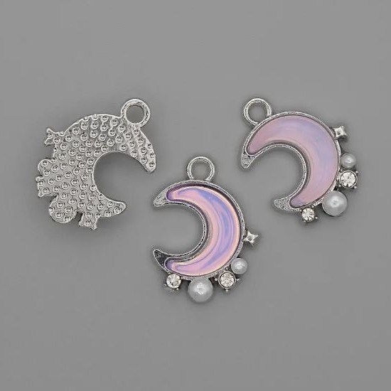 Pendant Charm Moon with Pearls and Rhinestones, Silvery Metal, 15mm diameter ±, length 18" ±, pack of 3