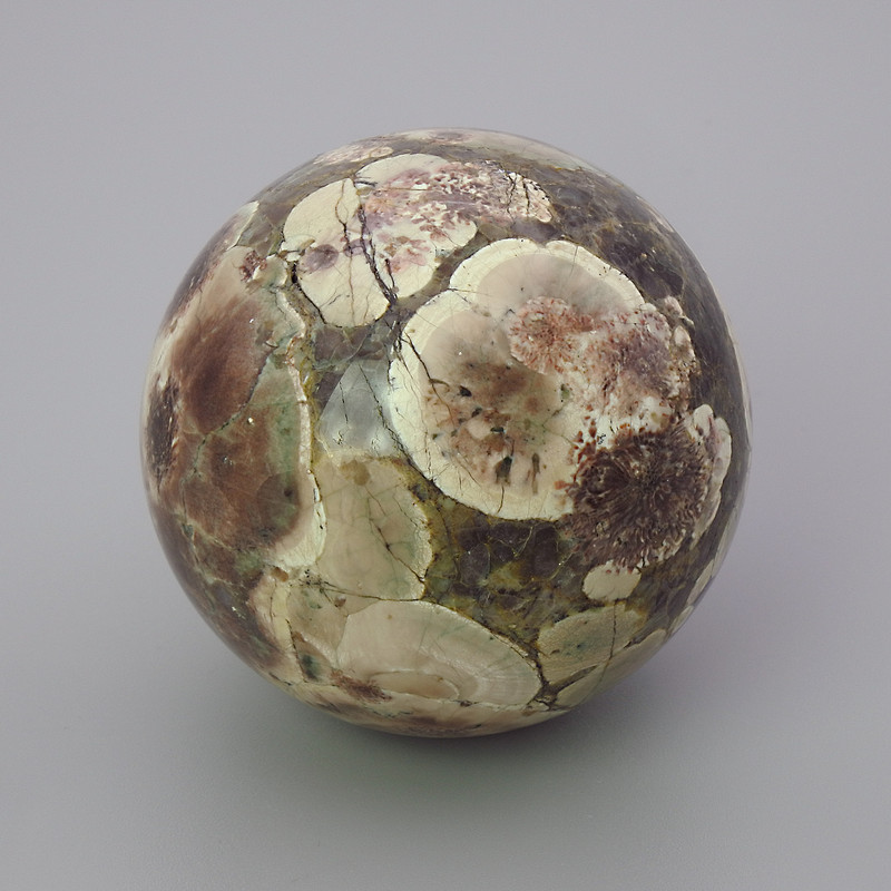 Souvenir stone sphere of landscape jasper, diameter 44 mm ±, weight from 100 g (Price per 100 g)