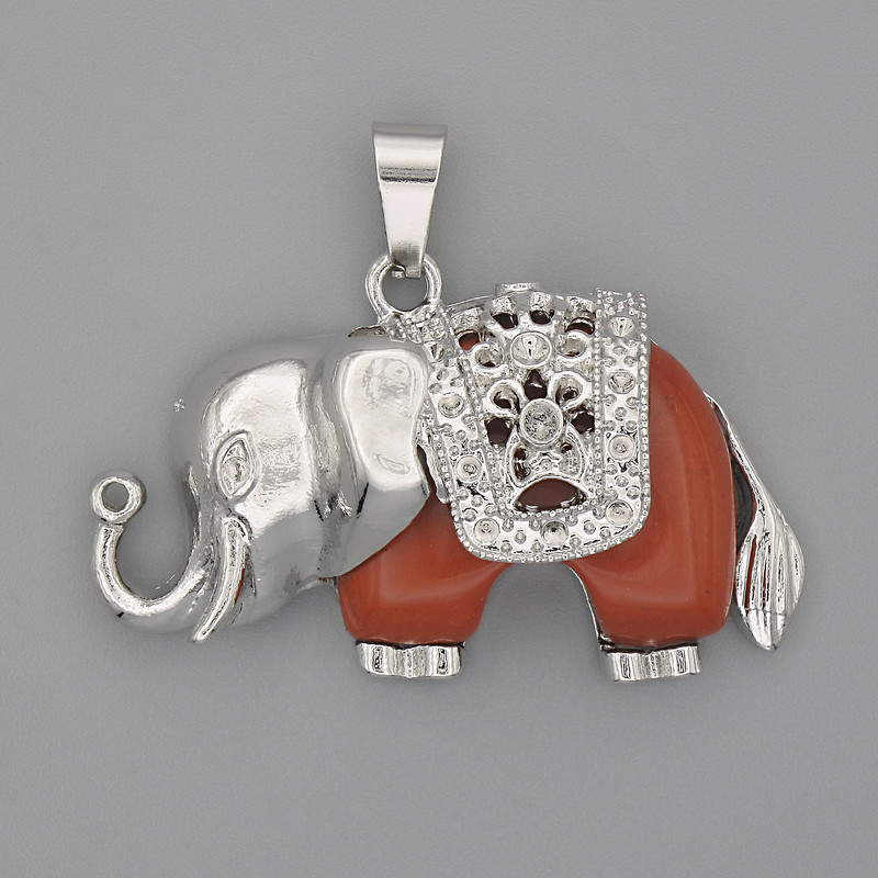 Pendant Elephant Red Jasper 39x34mm± Silver Metal