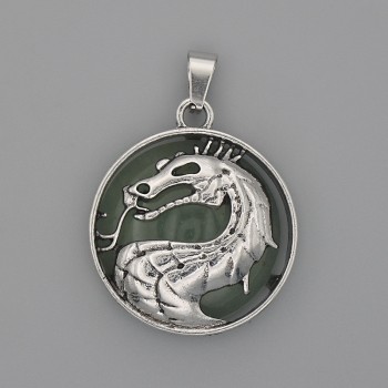 Dragon in Circle Jade Pendant, Jade diameter 28mm±, length 38mm±, silver metal
