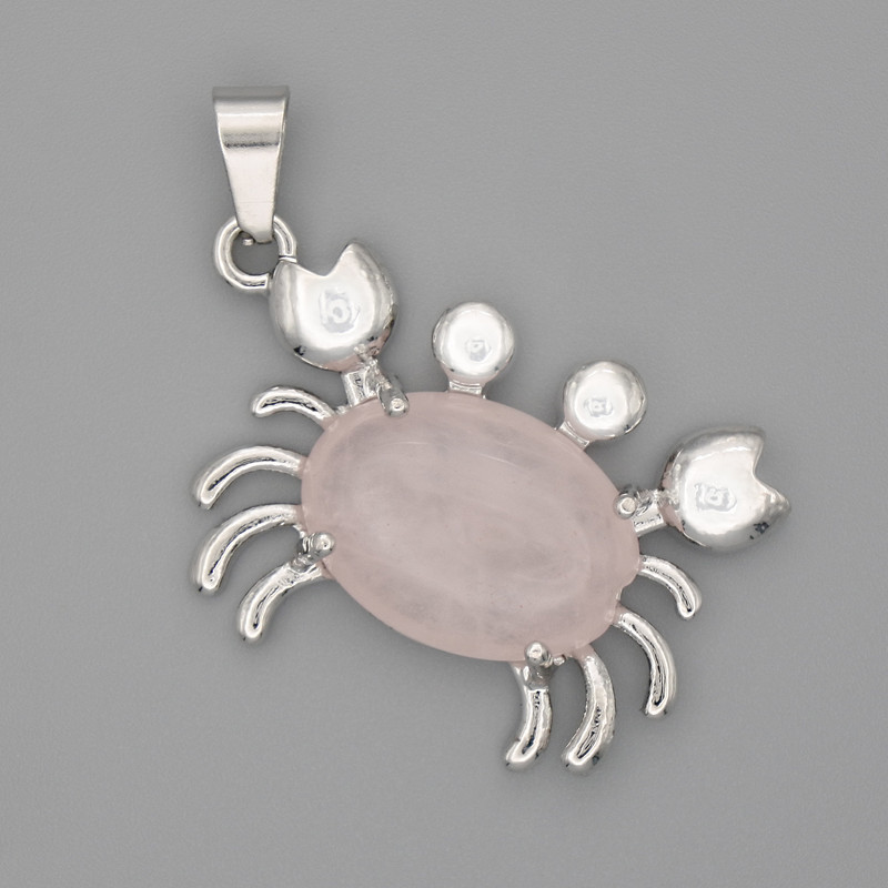 Crab Pendant Rose Quartz 40×22mm± Silver Metal