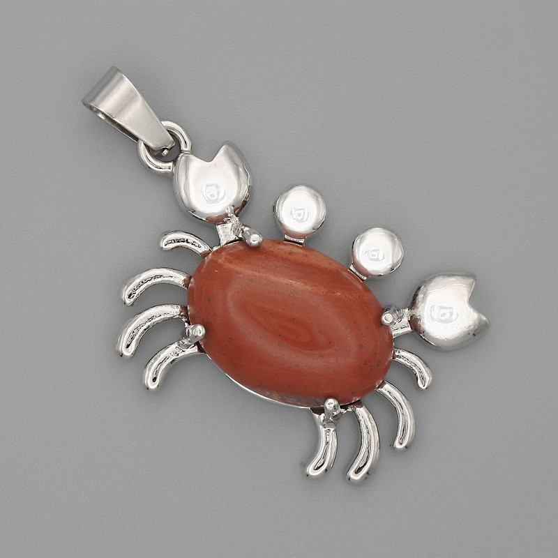 Pendant Crab Red Jasper 40x22mm± Silver-toned metal