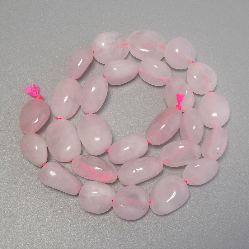 Rose Quartz Teardrop Beads, drilled, 12–19mm diameter, on thread, 40cm length+