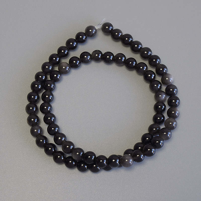 Silver Obsidian Beads Smooth Round 6mm ± on Thread, 38cm+