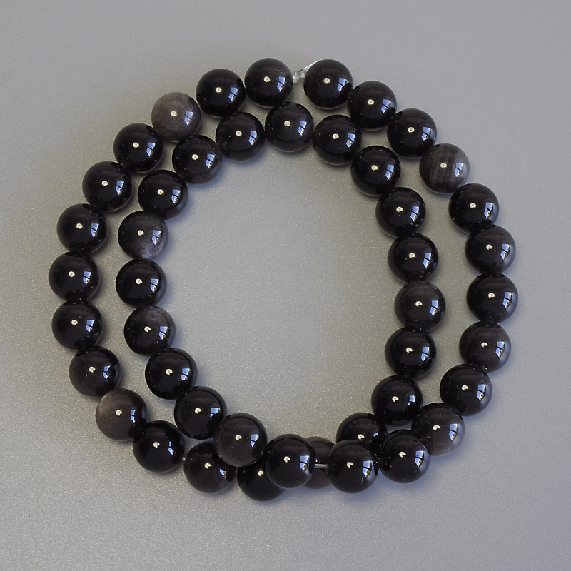 Silver Obsidian Beads Smooth Ball 9mm ± on a thread, 38cm+