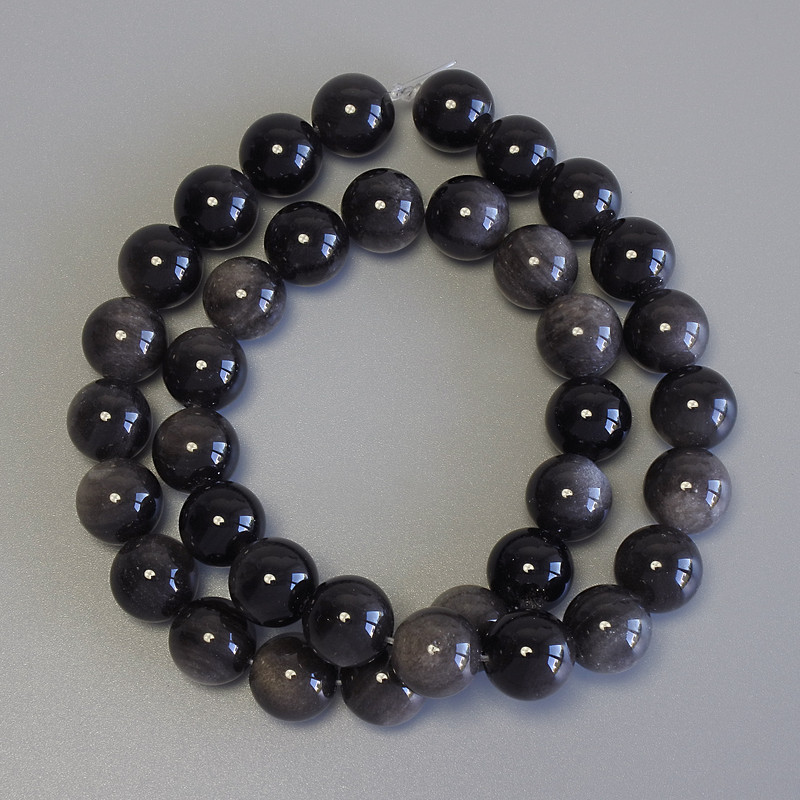 Silver Obsidian Beads Smooth Round 10.5 mm +/- on thread, length 38 cm+