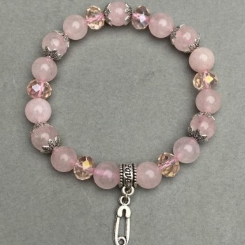 Bracelet Pink Quartz Bead, 8mm± Jump Ring Czech Crystal Rondelle 8×6 mm with metal inserts, length 18cm± stretch