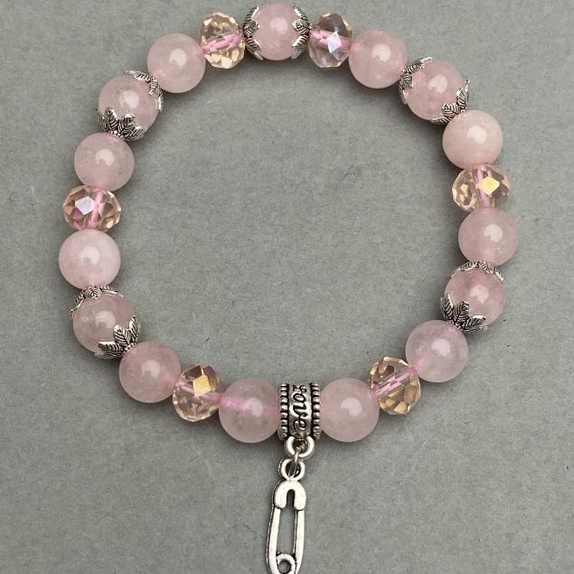 Bracelet Pink Quartz Bead, 8mm± Jump Ring Czech Crystal Rondelle 8×6 mm with metal inserts, length 18cm± stretch