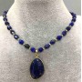 Choker Lapis Lazuli Faceted Bead 8x6mm + Seed Bead 3mm, length 41cm + extender chain 5cm, pendant Lapis Lazuli 35x20mm