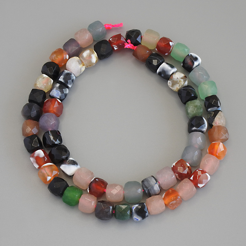 Agate Beads Assorted Faceted Cubes, 7x7 mm, on Thread, 40cm+