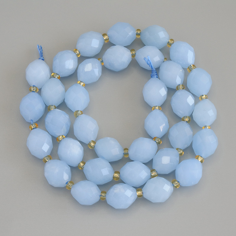 Aquamarine Beads Faceted Rice Bead, 10×8 mm, 3mm Seed Beads on Thread, 38 cm Length