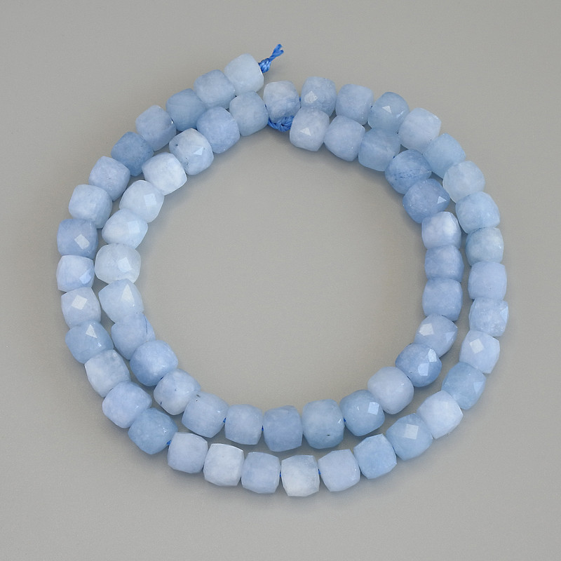 Aquamarine Faceted Cube Beads, 6.5 mm diameter, 5.5x6.5 mm ± on a thread, 41 cm length