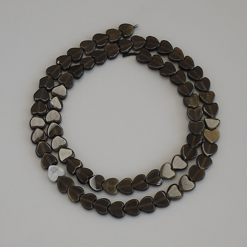 Sunstone Obsidian Heart Beads, 6×6×2 mm ±, on thread, length 38 cm+