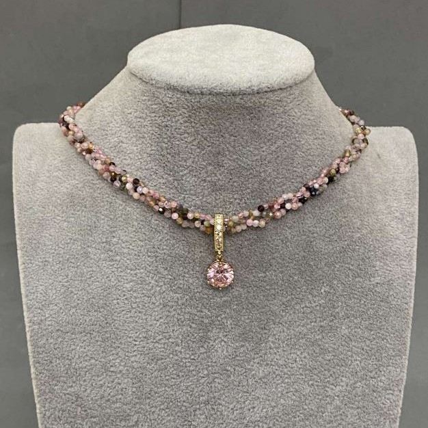 Choker cord Turquoise? Wait careful: Turmaline gemstone beads 2mm, length 35mm plus extender 5cm, pink crystal pendant