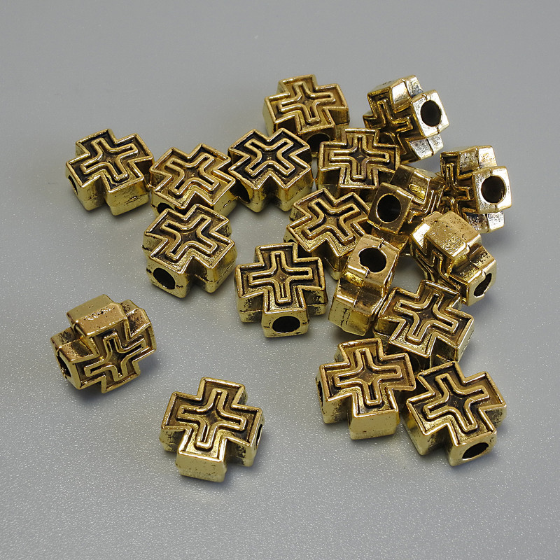 Bead Insert Cross, metal color Gold, size 9x9x4.5 mm (+/-), hole diameter 2.8 mm (+/-), packaging 20 g (~18 pcs)