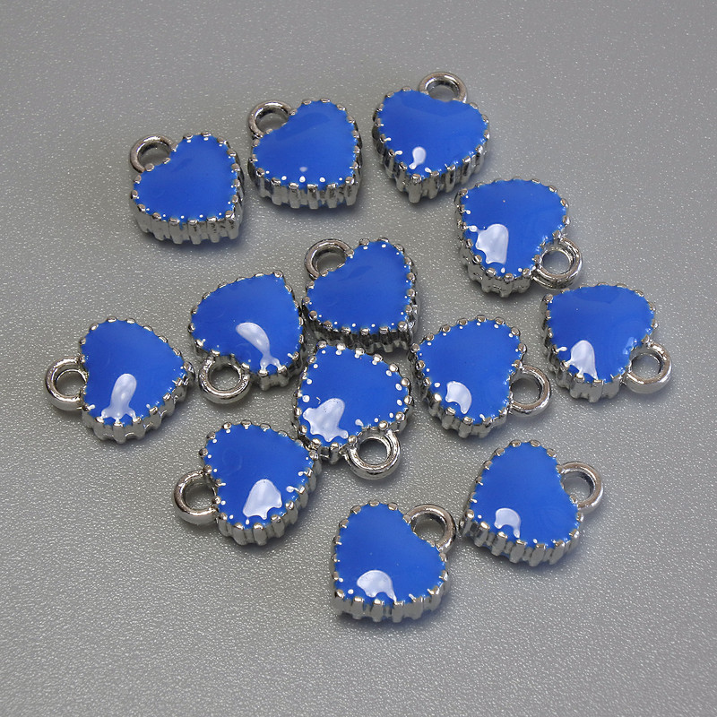 Pendant Heart with Blue Enamel in Silver-Tone Metal, diameter 7x8mm±, pack of 13