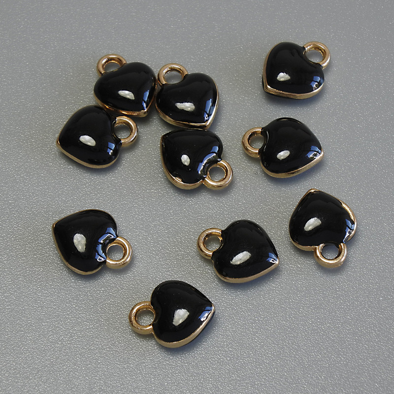 Pendant Heart Black Enamel with Gold-Tone Metal, 6x8mm approx. packaging 10 pcs