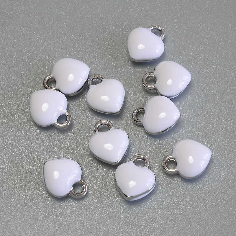Pendant Charm Heart White Enamel Silver Metal, diameter 6×8mm± pack of 10