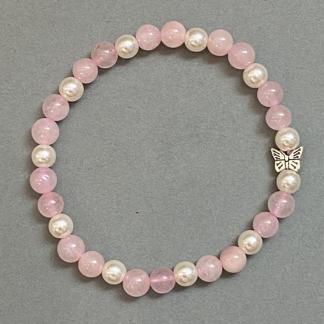 Bracelet Pink Quartz and Pearls (per piece) smooth bead 6mm+ with metal insert, length 18cm+ stretch