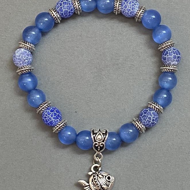Bracelet Aquamarine and Frosted Agate Bead 8mm+ with Metal Inlays, 18cm+ Stretch
