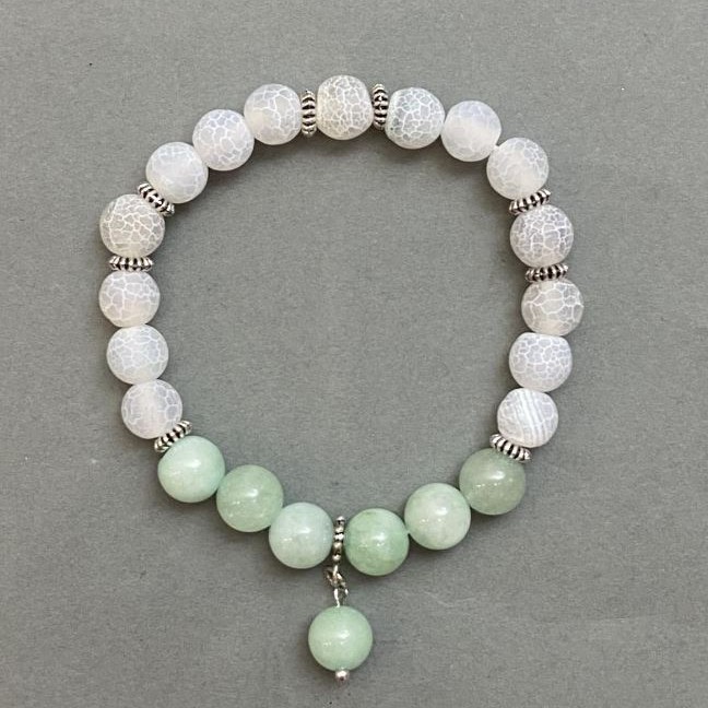 Bracelet Amazonite Bead 8mm+-Frosty Agate White 7mm+-with Metal Inserts, Stretch Length 18mm+