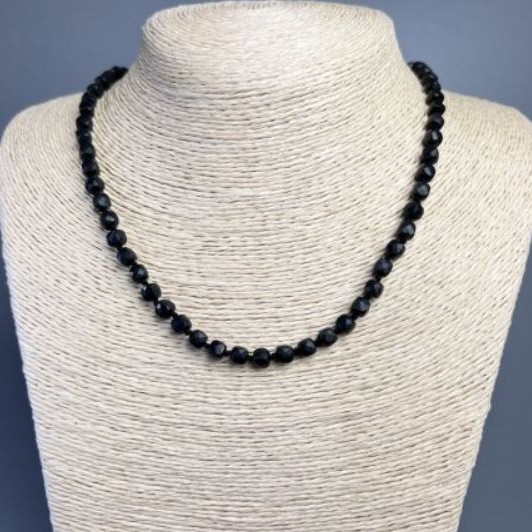 Necklace Turmaline Black Natural Stone Faceted Cube, 7x7mm diameter, length 50cm