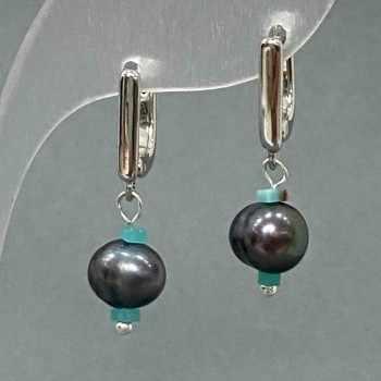 Earrings - River Pearls, graphite color, 9×7.5 mm ±, Vivianite cube 2.5 mm ±, length 28 mm ±