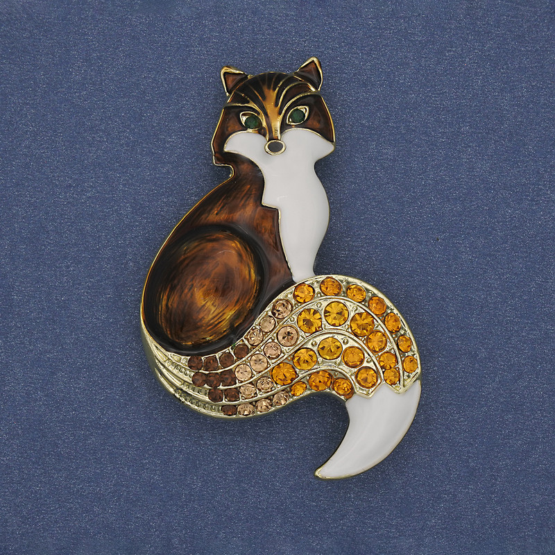 Brooch Pendant Fox Enamel with Rhinestones 54x35mm