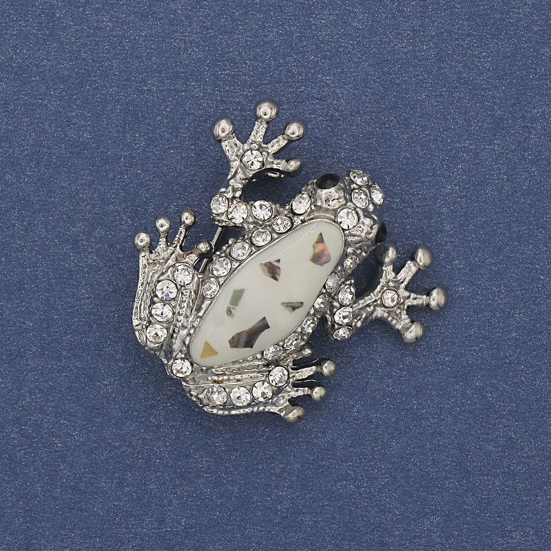 Brooch pendant Frog Halotite with white enamel and white crystals, silver metal 28x28mm+