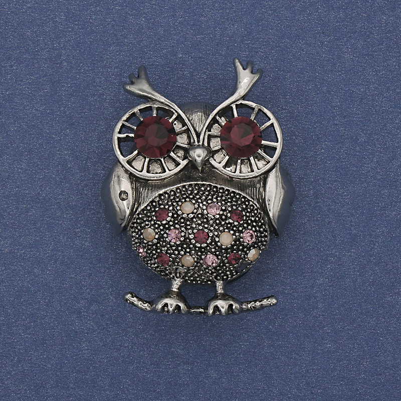 Brooch Pendant Owl with Pink and Purple Rhinestones Silver Metal 38×28mm+