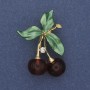 Brooch 'Cherries' green enamel with white crystals on gold-toned metal 39x28mm+