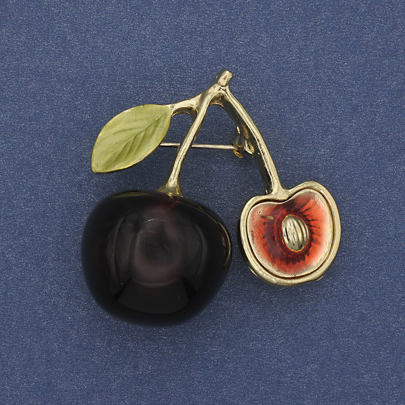 Brooch Cherry with color enamel and golden metal 37x37mm+