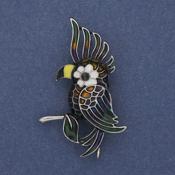 Parrot Brooch with Colorful Enamel on Silver-tone Metal 51x31mm
