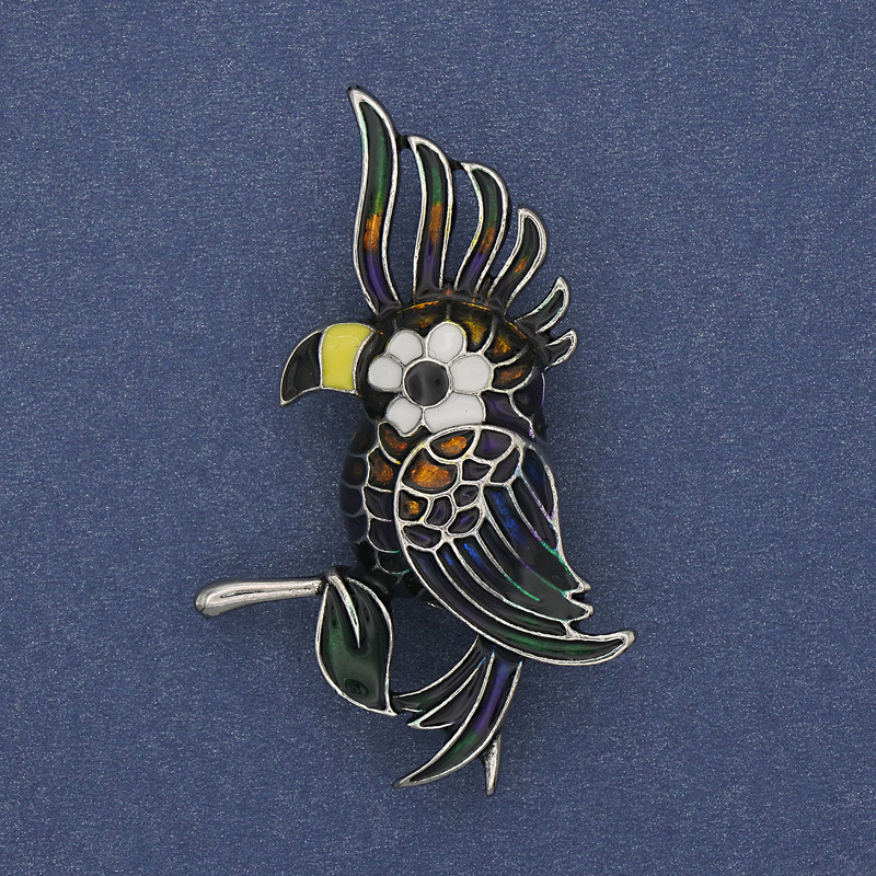 Parrot Brooch with Colorful Enamel on Silver-tone Metal 51x31mm