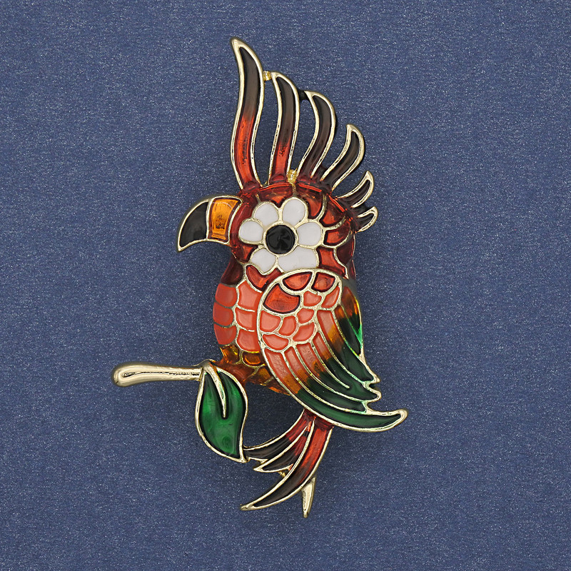 Brooch Parrot red and green enamel with golden metal 51x31mm+