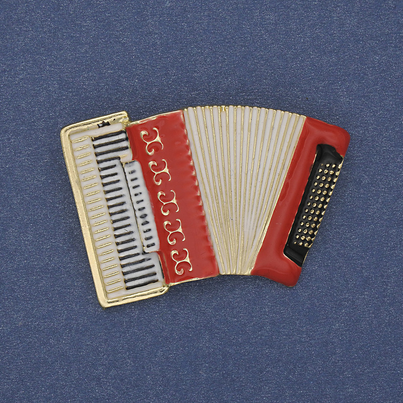 Brooch Accordion red and white enamel with golden metal 43x28mm+