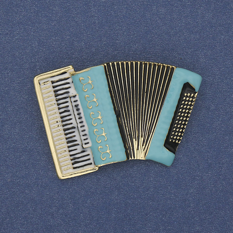 Brooch Accordion blue and white enamel gold-tone metal 43x28mm+