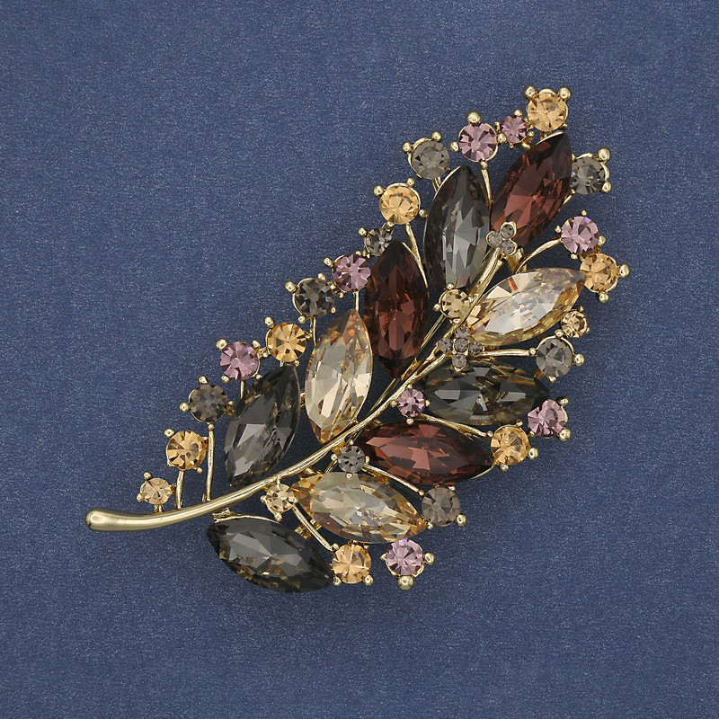 Brooch 'Branch' with Colored Rhinestones on Golden Metal 71x35mm+
