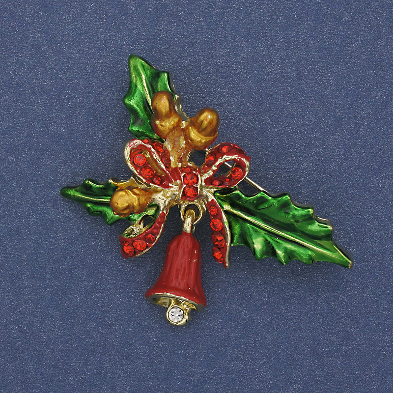 Brooch Branch with Bow and Bell Emerald enamel, rhinestones, golden metal 44x30mm+