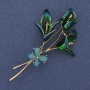 Flower Brooch with Blue Cat's Eye Stone and Gold-Tone Metal 63x35mm