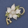 Brooch Pendant Flower White and Green Enamel with Crystals Gold-tone Metal 50x42mm