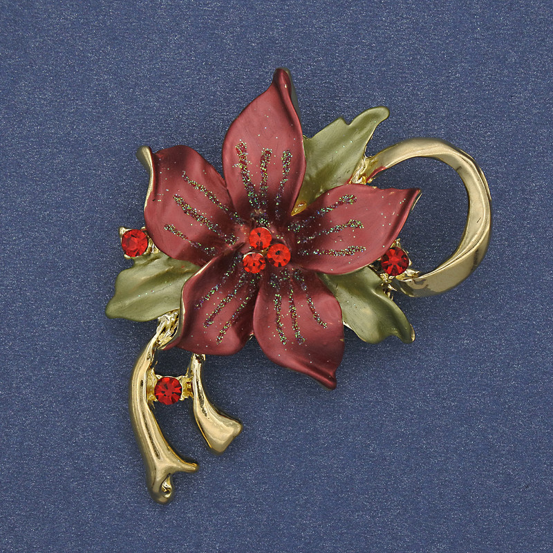 Brooch Pendant Flower Red and Green Enamel with Crystals Gold-Tone Metal 50x42mm+