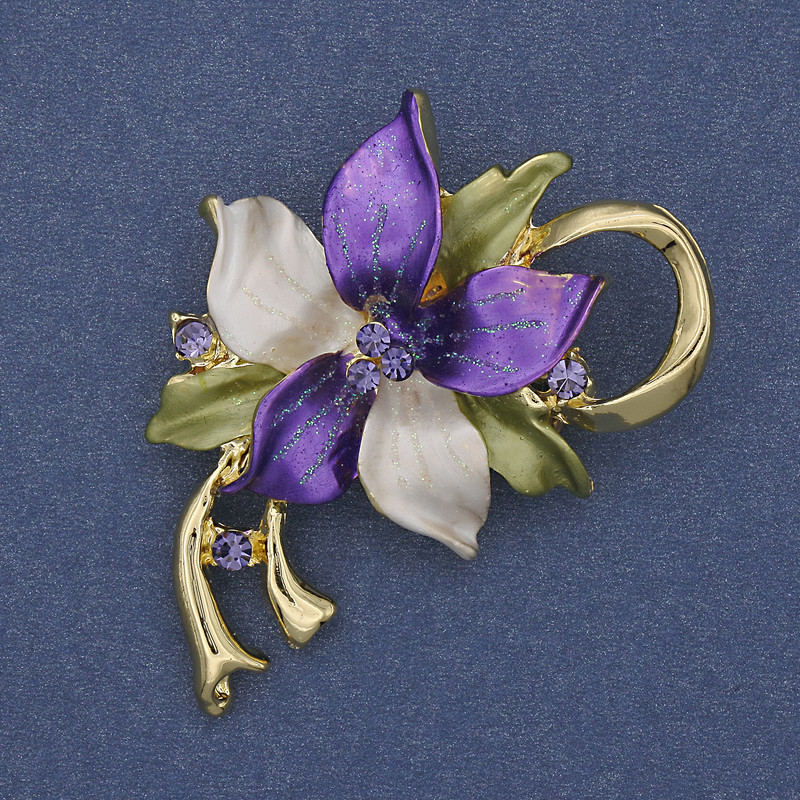 Brooch Pendant Flower Colorful Enamel with Crystals Gold-tone Metal 50x42mm+