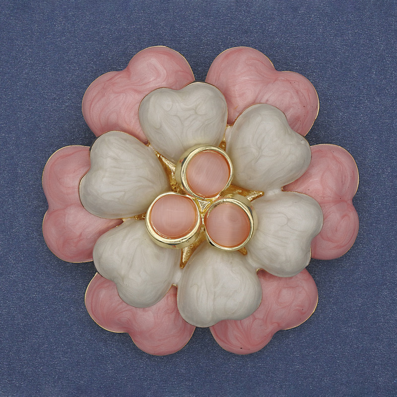 Brooch Flower Pink and Beige Enamel Beads Cat's Eye Golden Metal 61mm+