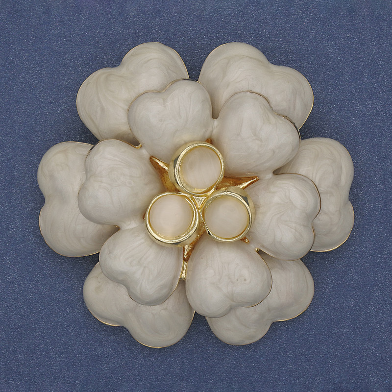 Brooch Flower Beige Enamel Beads Cat's Eye Stone Golden Metal 61mm+