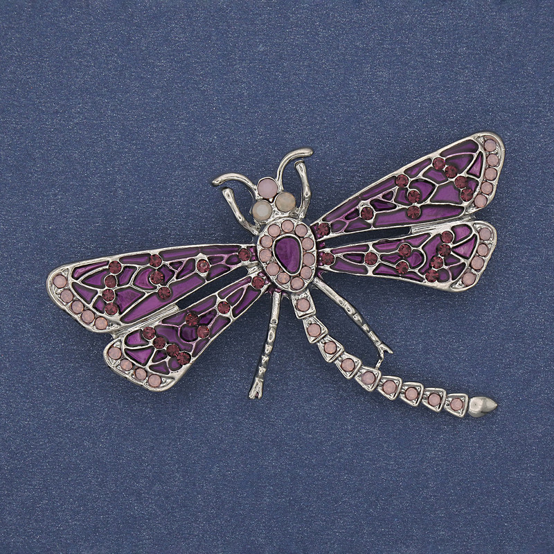 Brooch 'Butterfly' with purple enamel and pink crystals, silver metal 57x39mm+
