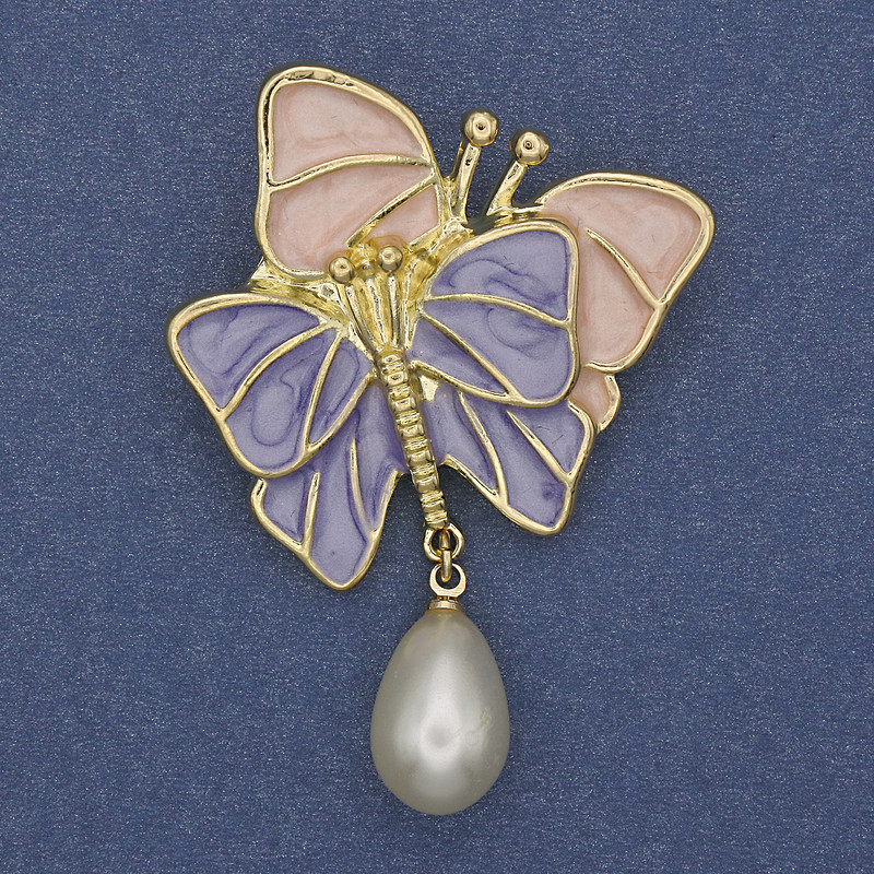 Brooch Butterflies purple and pink enamel Pearl white gold-tone metal 52x37mm+