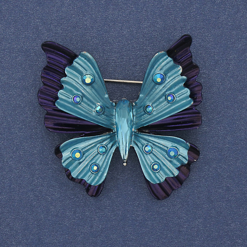Brooch Pendant Butterfly Purple and Blue Enamel Rainbow Rhinestones Silver Metal 39x42mm+