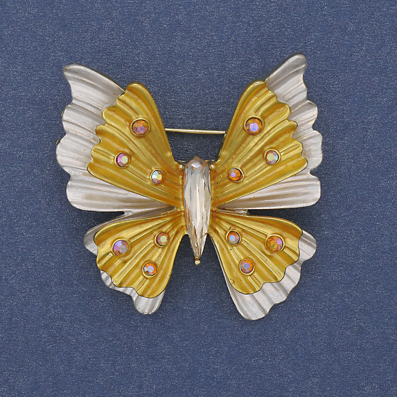 Brooch Pendant Butterfly White and Yellow Enamel Rainbow Rhinestones Golden Metal 39x42mm+