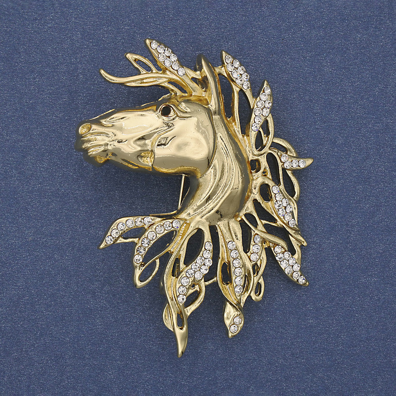 Brooch Pendant Horse with White Crystals Golden Metal 54×41 mm+
